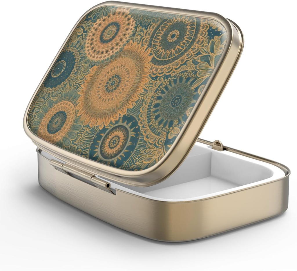 Pille Case Pille Box mit Spiegel Retro 2 Compartment Small Pill Case für Geldbörse oder Tasche Bronze Rechteckige Pille Box oder Vitamine, Fischöl, Ergänzungen, Pille Enthalten Reise-Geschenke(Retro Mandala)