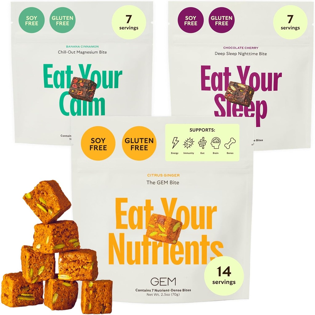 GEM Bite Complete Routine Variety Pack mit Daily Multivitamin (14 Bit), Chill-Out Calm (7 Chews) & Deep Sleep Aid (7 Chews) | Unterstützt Gut, Haut, Gehirn, Knochen, Schlaf, Immunität