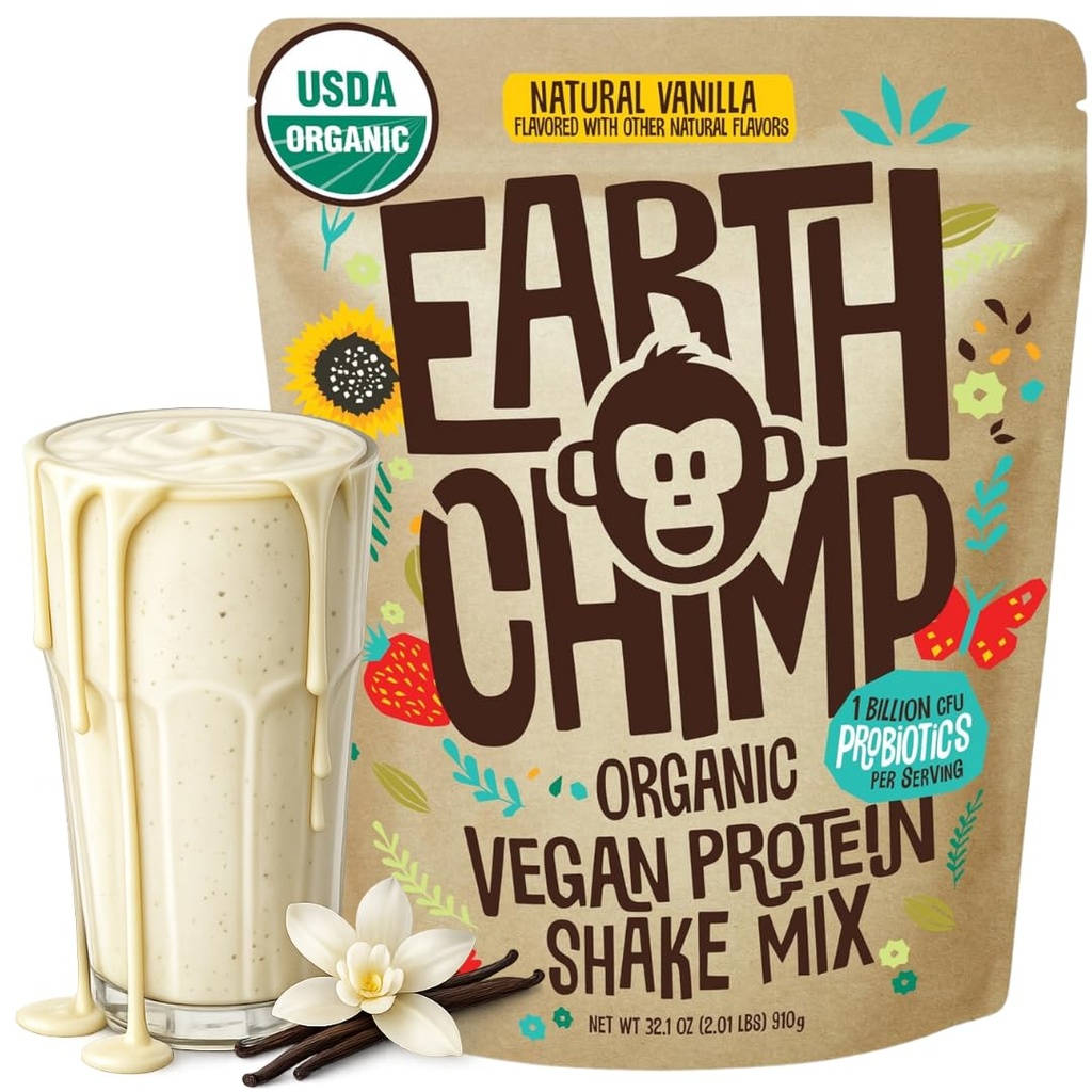 EarthChimp Organic Vegan Protein Powder - mit Probiotics - Non GMO, Dairy Free, Non Whey, Pflanzenbasiertes Proteinpulver für Frauen und Männer, Glutenfrei - 26 Servierungen 32 Oz (Vanilla)
