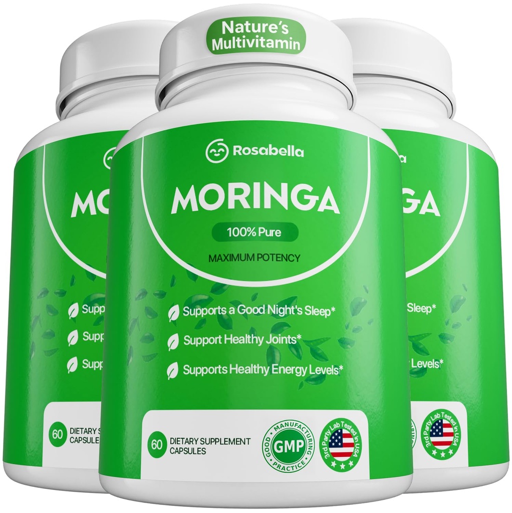Rosabella Moringa Kapseln - reines Moringa-Pulver, Energie, Haut, Immun- & Gut-Gesundheit Superfood, Reich an Antioxidantien, essentielle Vitamine & Aminosäuren, natürliche grüne Superfood-Ergänzung - 180 Zähler