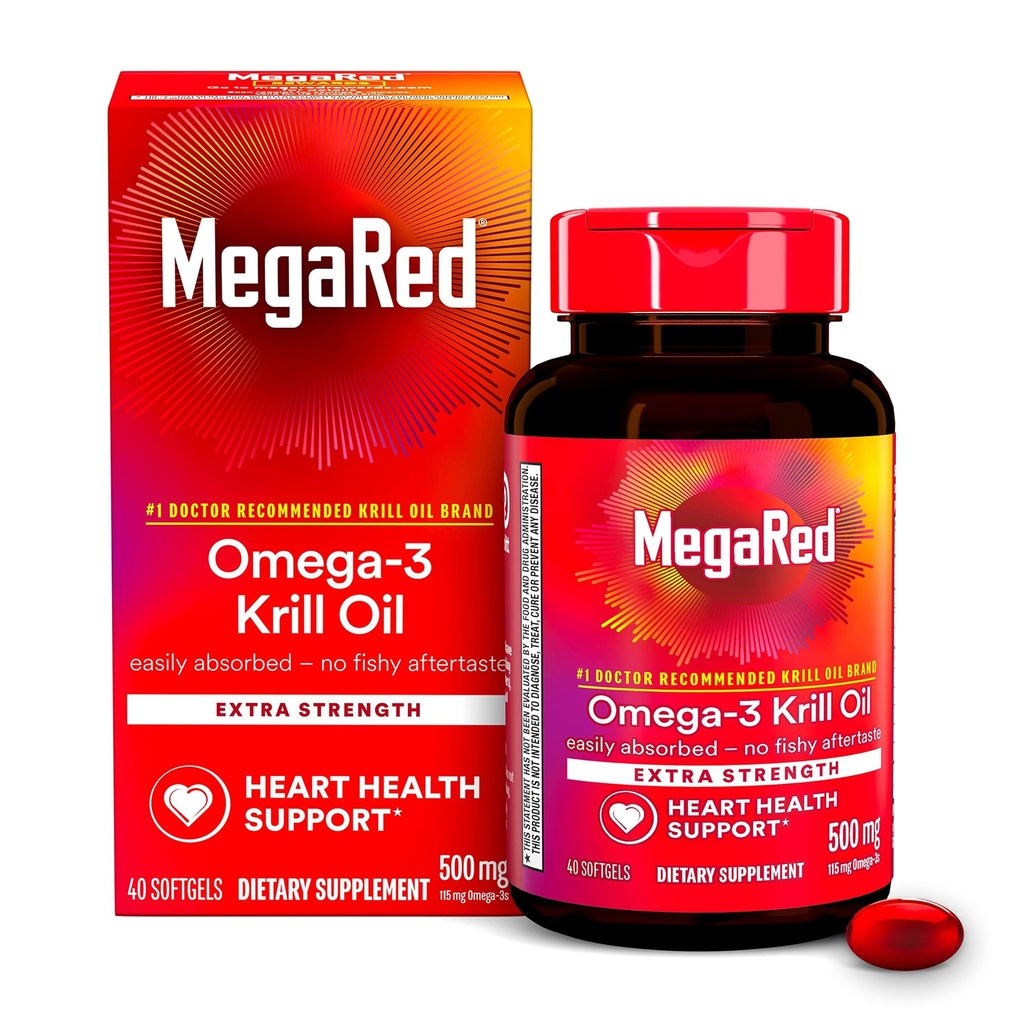 MegaRed Omega-3 Krill Öl 500mg Extra Strength softgels (40 Count in a Box) - Krill Oil No Fishy Nachgeschmack