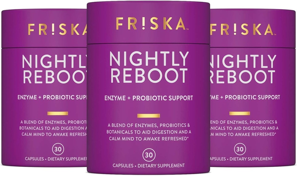 FRISKA Nightly Reboot Enzyme und Probiotics Supplement, fördert bessere Verdauung und Schlaf, unterstützt Gut Gesundheit für Männer und Frauen, Melatonin, Kamille, 90 Kapseln