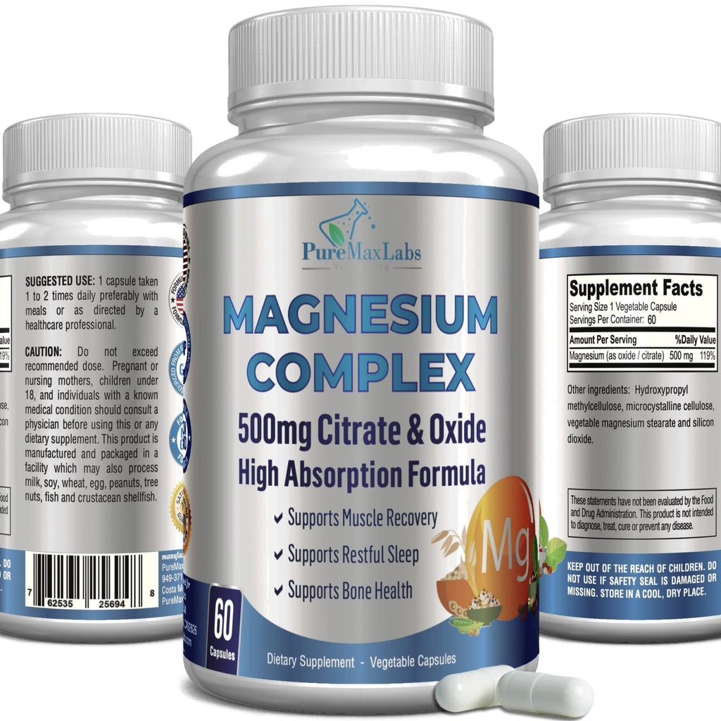Hohe Absorption Magnesium Citrate Complex 500mg Magnesium Citrate & Oxide – Unterstützt Kalm Sleep, Muskel Cramp Relief, Muskelrückgewinnung, Gesunde Zähne & Knochen, Non-GMO – 60 Gemüse Kapseln