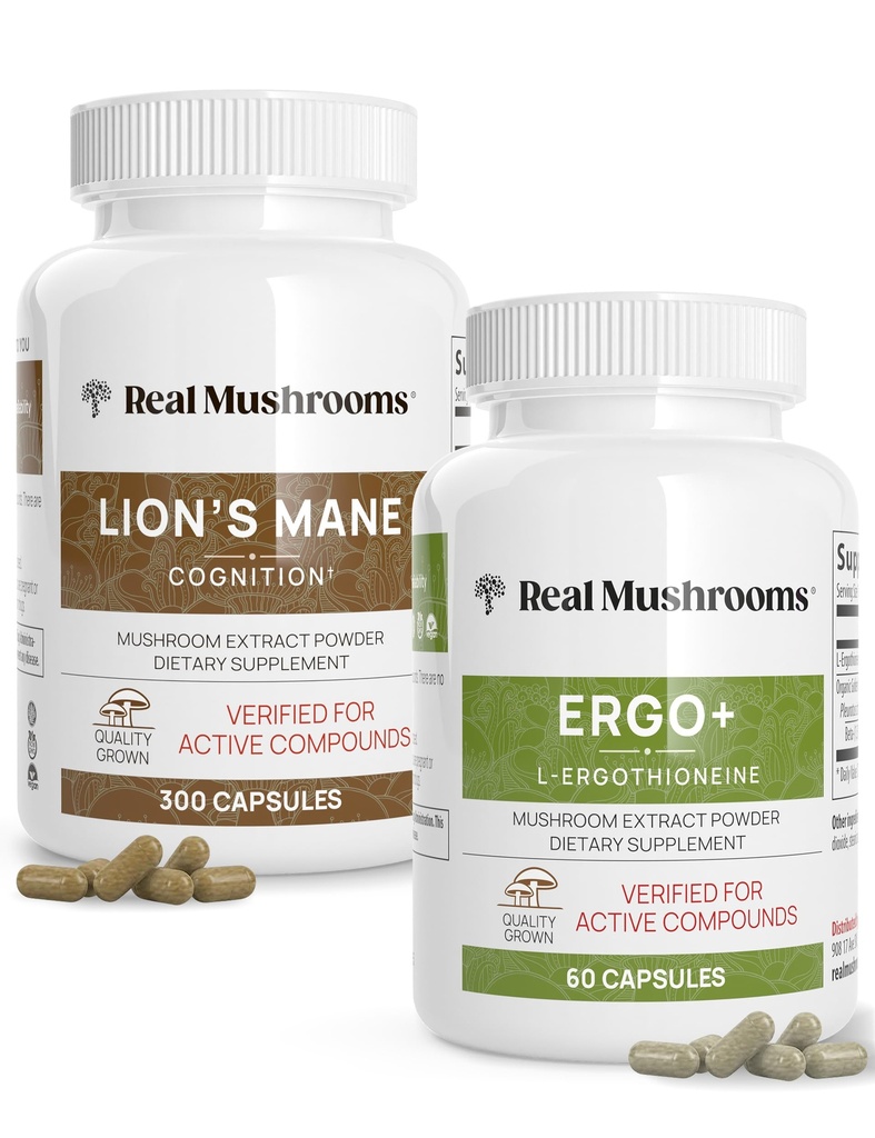 Echte Pilze Ergothioneine (60ct) und Lions Mane (300ct) Bundle mit Shiitake und Oyster Pilzextrakten - Langlebigkeit und Kognition - Vegan, Glutenfrei, Non-GMO - Natürliche Unterstützung für gesundes Altern