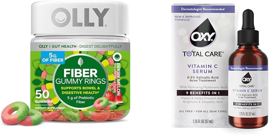 OLLY Fiber Gummy Ringe 50ct + Oxy Total Care Hydrating Vitamin C Serum für Verdauungsunterstützung, Klarer Haut
