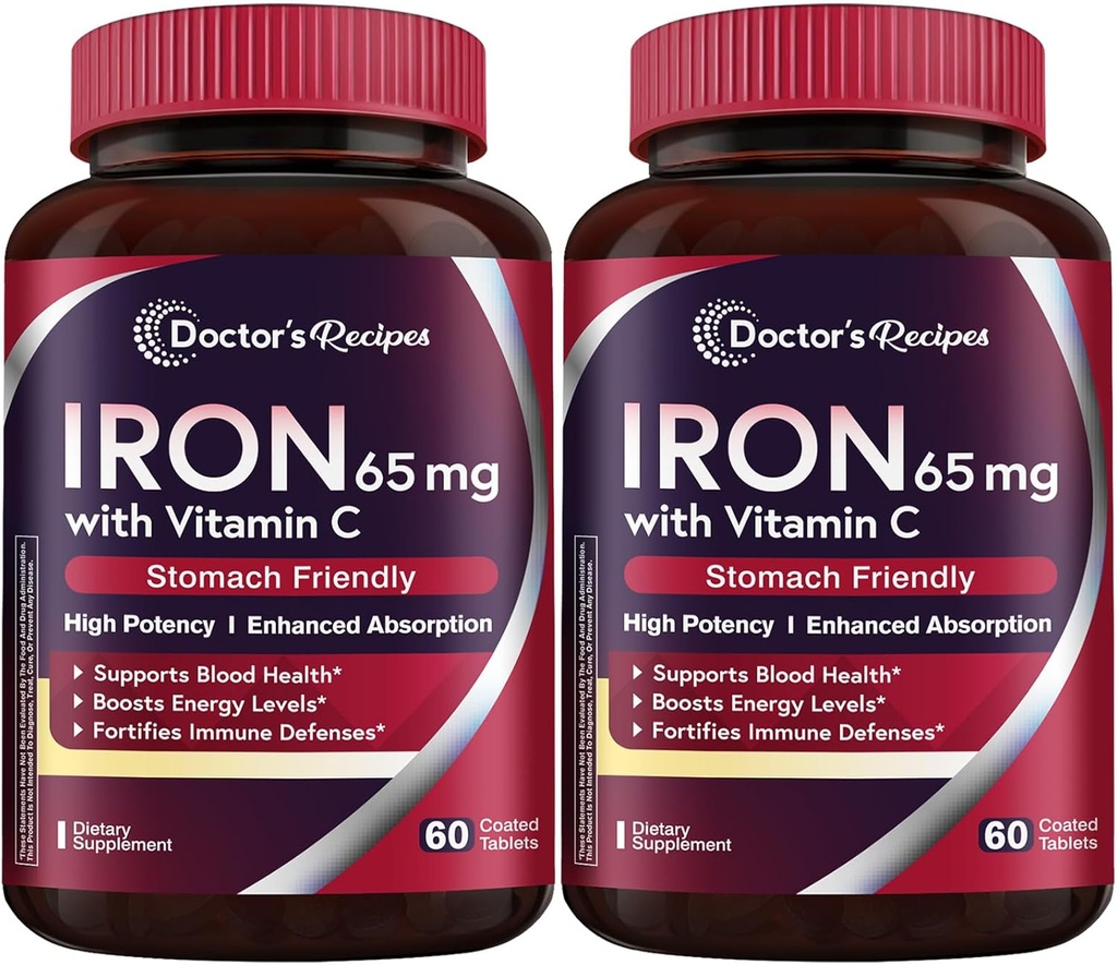 Arzt Rezepte Eisenergänzung 65 mg mit Vitamin C - Maximierte Absorption & Stomach Freundliche Eisen Pillen für die Bildung von roten Blutkörperchen, Herz, Gehirn & Immunität Gesundheit - Vegan 120 Tabs (Pack von 2)