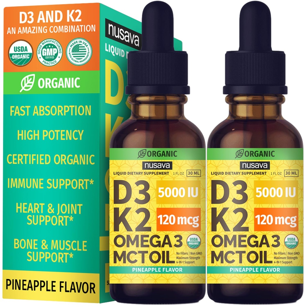 (2 Pack) Bio Vitamin D3 K2 Tropfen mit MCT Öl Omega 3, maximale Stärke Vitamin D Flüssigkeit 5000 IU, keine Füllstoffe, Non-GMO Flüssigkeit D3 für schnellere Absorption und Immununterstützung (Pineapple, 2 Fl Oz)