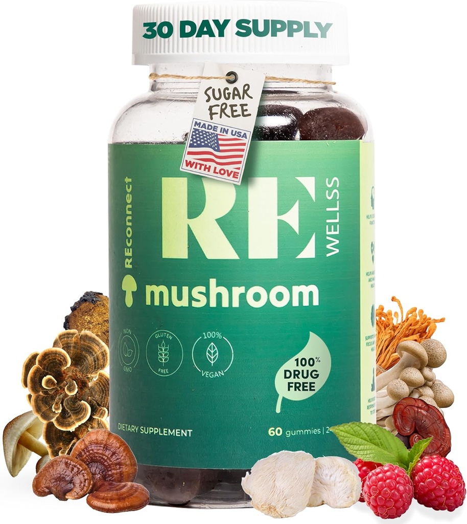 Super Mushroom Gummies I Sugar Free Organic Daily I Chaga Cordyceps Lions Mane Maitake Shiitake Turkey Tail Reishi | Ergänzungen für kognitive und immune Unterstützung Fokus Energie Stress Stimmung