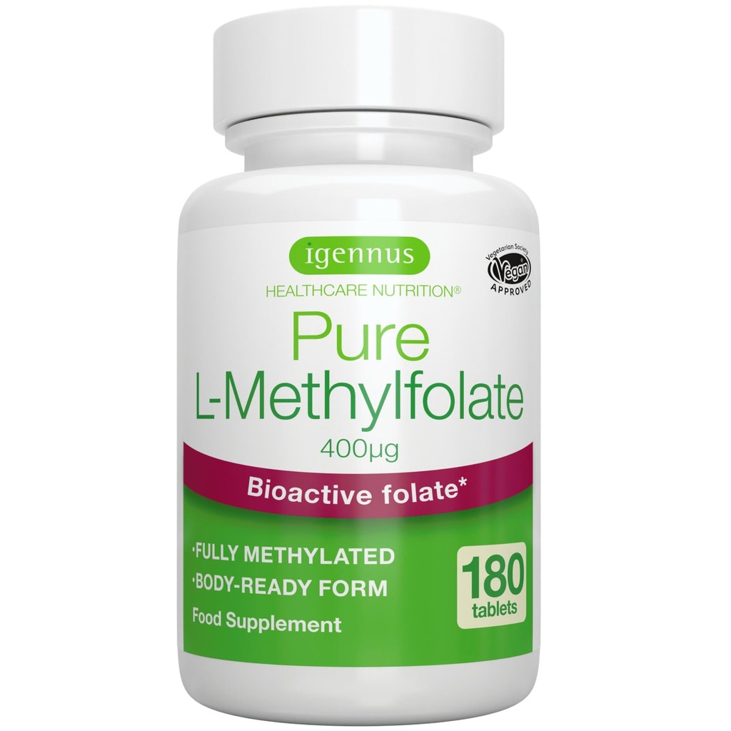 Igennus Pure Methyl Folate 400 mcg, 180 Tabletten, Clean Label, Methylierte Form von Folsäure 5-MTHF (Vitamin B9), Vegan, Geeignet für Schwangerschaft, One-a-Day, 6 Monate Versorgung