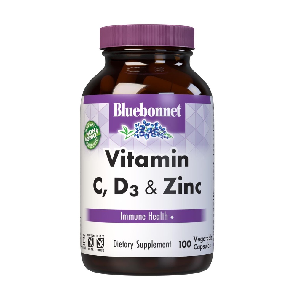 Bluebonnet Nutrition Vitamin C, D3 & Zink, für Immungesundheit und Atmungsfunktion*, Sojafrei, Glutenfrei, Non-GMO, Kosher Certified, Dairy-Free, 100 Gemüsekapseln, 100 Portionen