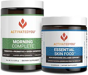ACTIVATEDYOU Morning Complete Prebiotics, Probiotics, Green Superfoods (Apple Cinnamon) + Essential Skin Food Collagen, Elastin Support, 30 Servietten
