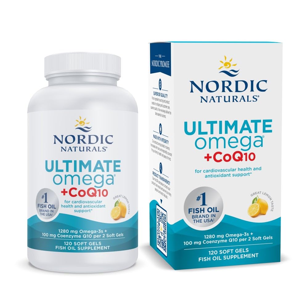 Nordic Naturals Ultimate Omega + CoQ10, Zitrone - 120 weiche Gele - 1280 mg Omega-3 + 100 mg CoQ10 - Herzgesundheit, zelluläre Energie, antioxidative Unterstützung - Nicht-GVO - 60 Portionen