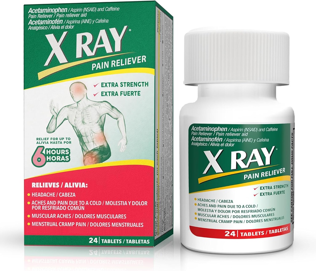 X RAY Extra Strength Pain Reliever: Acetaminophen 500 mg, Aspirin, Koffein - 24 Tabletten Jede, Potent Formel für Migräne, Kopfschmerzen und Rückenschmerzen Relief, Reduziert Entzündung