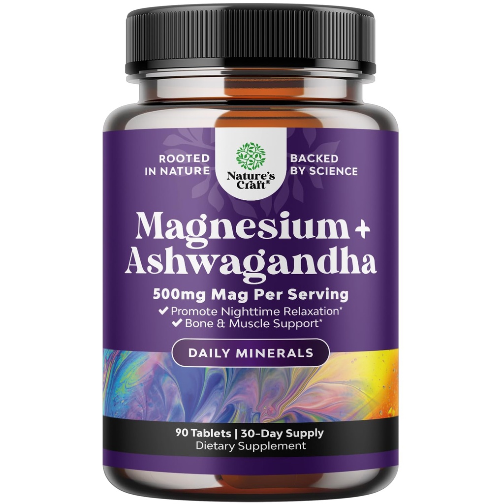 Pure Calm Relaxing Magnesium Glycinate Supplement mit Ashwagandha - Magnesium für Stress Support & Rest Ease für Erwachsene - Hohe Absorption Tabletten für Knochenunterstützung & Muskelkrämpfe - 90 Zähler
