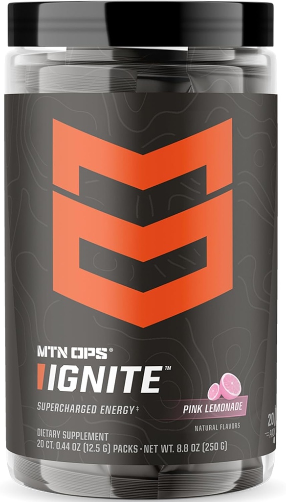 MTN OPS Ignite Trail Packs Energy Drink Powder, Gluten Free Nootropic Supplement Drink Mix, L Arginin, L Citrulline, Koffein & Nootropic Sugar Free Drink Mix, 20 Portionen, Pink Lemonade