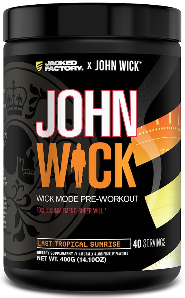 Jacked Factory X John Wick - Wick Mode Pre Workout Powder - Intense Energy, Battle-Ready Focus, Unstoppable Commitment, und Sheer Will - 40 Servierungen, Letzte Tropical Sunrise