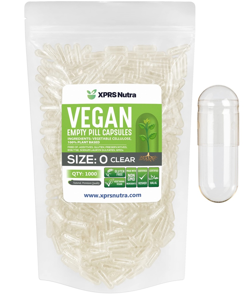 XPRS Nutra Größe 0 Leere Kapseln - 1000 Graf Klare leere vegane Kapseln - Vegetarische Pillen - DIY Gemüse Kapsel Füllung - Veggie Pill Caps für Do-It-Yourself Ergänzungen
