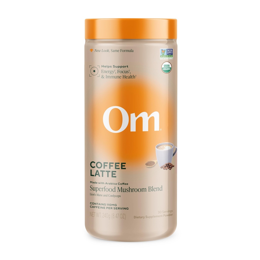 Om Mushroom Superfood Coffee Latte Blend – Functional Mushroom Powder mit Lion’s Mane, Cordyceps, Reishi & Chaga – Energy, Focus & Mental Clarity Support – 8.47 Unze Canister (30 Servietten)