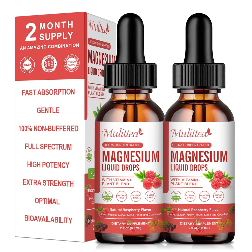 Magnesium Glycinate Flüssigkeitstropfen - Dreifache Absorptionsergänzung zur Unterstützung von Nerves, Schlafen, Beruhigen, Herz, Muskeln * -Zuckerfrei mit Kalium, L-Theanin, Sea Moss, Vitamin B,C,D3, K2-2Pack