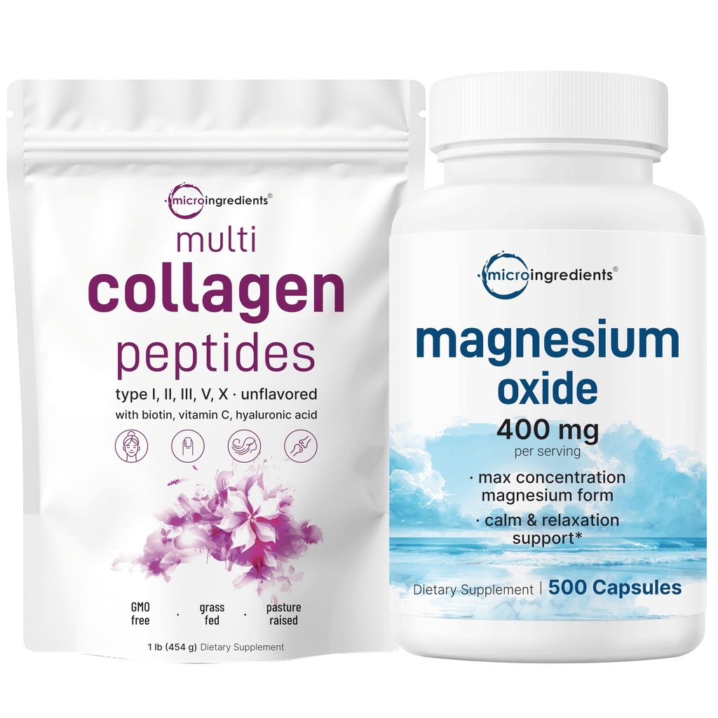 Micro Ingredients Multi Collagen Protein Powder 16oz & Magnesium Oxid 400mg Bundle Pack | Grasgefütterte Collagen Peptide | Elementale Form für maximale Konzentration