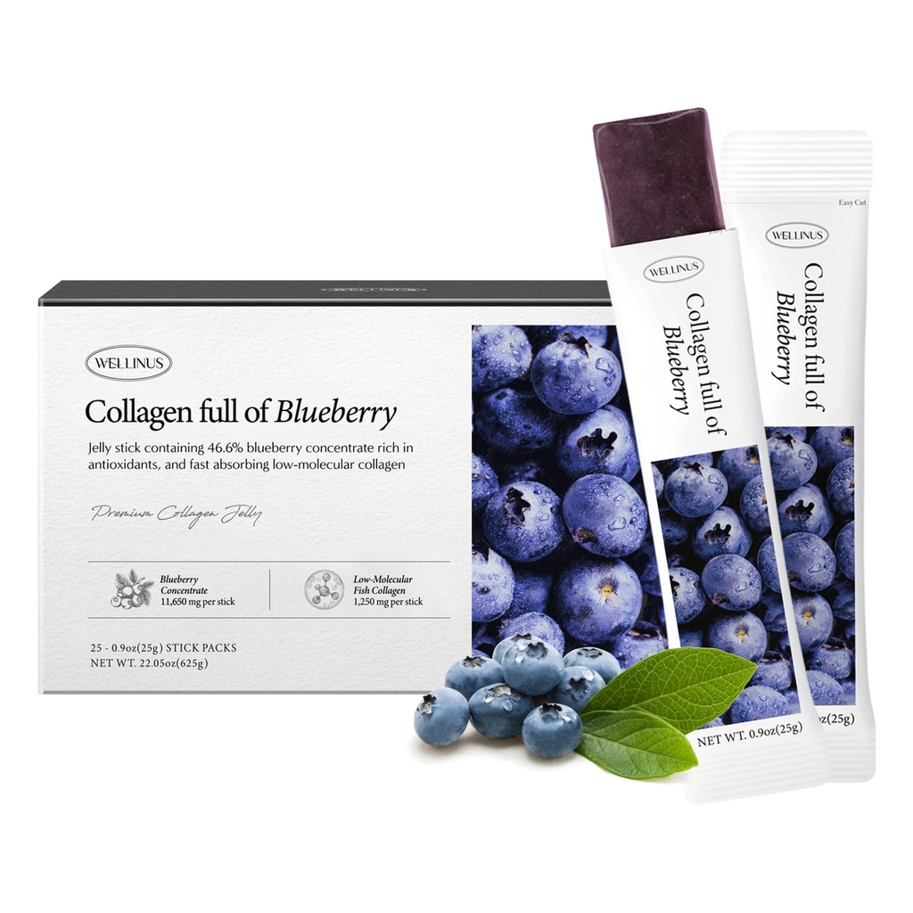 Korean Collagen Jelly Sticks - 25 Blueberry Flavored Marine Collagen Peptide Snacks für Anti-Aging- Collagen Protein Sugar-Free, Travel Packs für Haare & Nail Stärke