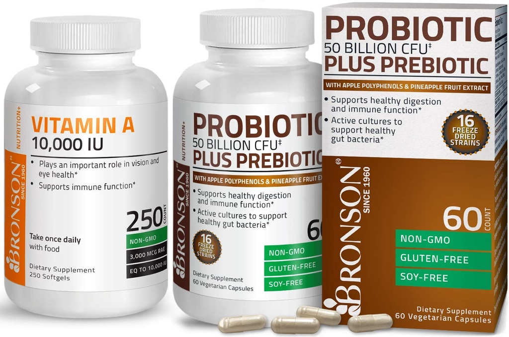 Bronson Probiotic 50 Billion CFU + Präbiotikum mit Apfel-Polyphenole & Ananas-Fruchtextrakt + Vitamin A 10.000 IU Premium Non-GMO-Formel