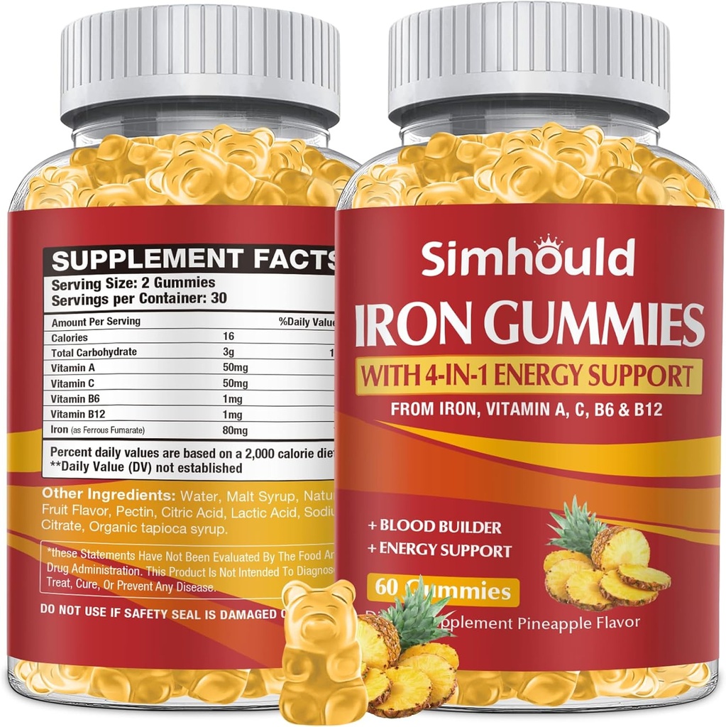 1 Pack Vegan 80MG Eisen Supplement Gummi für Damen und Herren - Vitamin A, C, B für Erwachsene & Kinder - Blut & Builder & Energie Unterstützung für Eisenmangel, Anämie - 60 Zähler Ananas Flavor Gummies