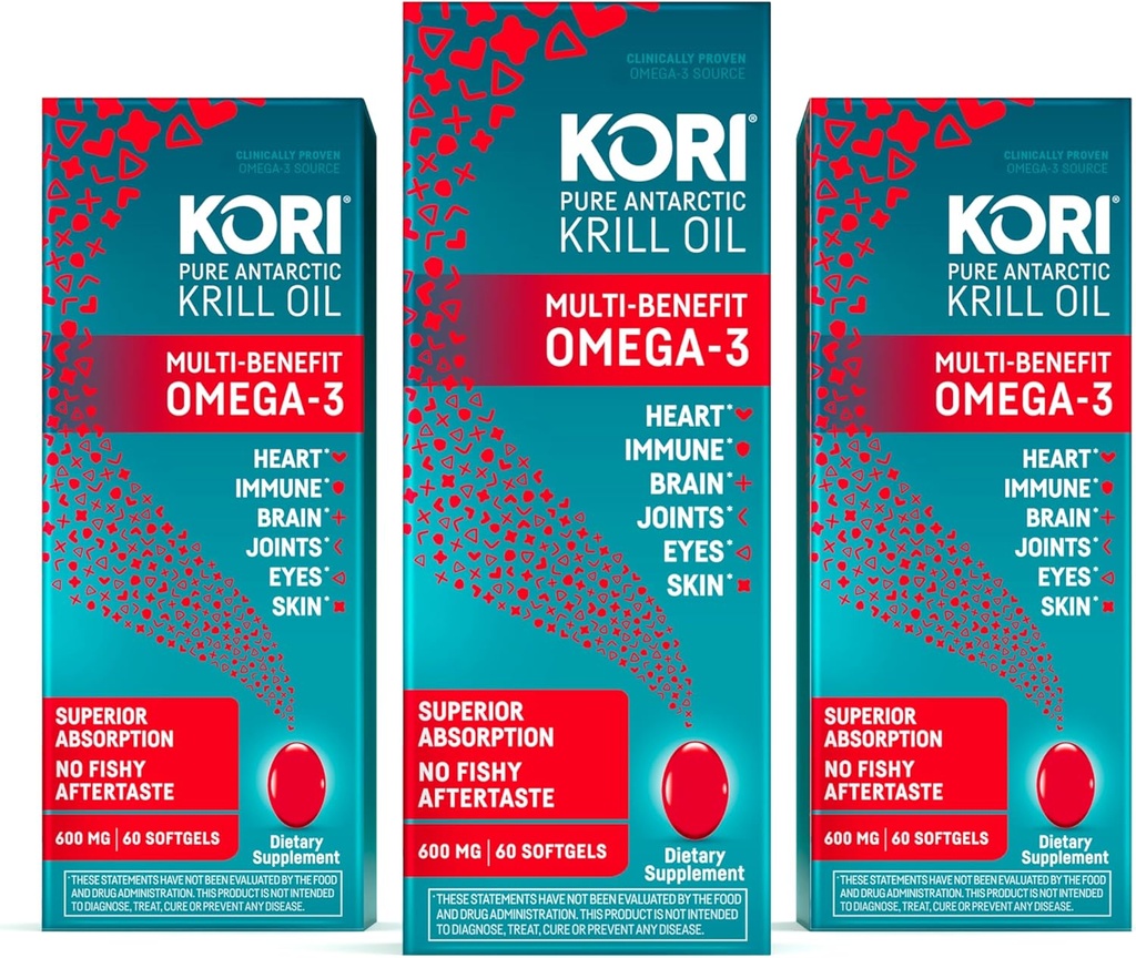 Kori Krill Öl Omega 3 Superior Absorption Öl Supplement, EPA & DHA, 600 mg, 180 Softgels