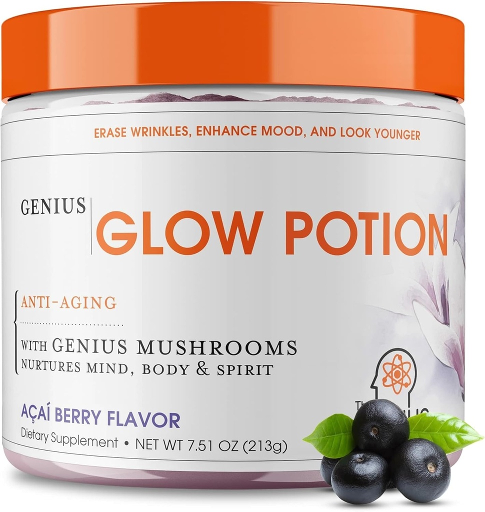 Die Genius Brand Genius Glow Potion - Daily Skincare Supplement for Glowing Skin - Unterstützt Hydration, Elastizität, Immune Health & Brain Funktion - Powered by Nootropics - Acai Berry - 30 Portionen