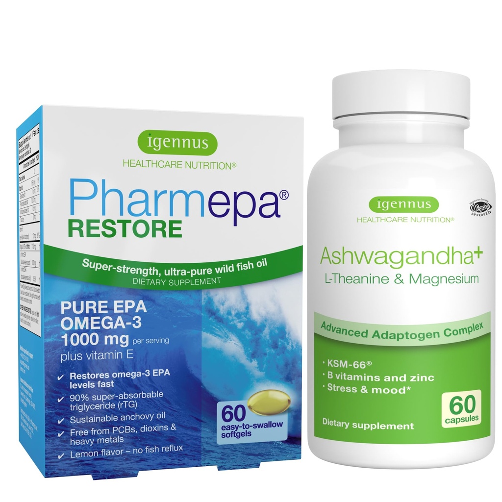 Igennus Pharmepa Restore + Ashwagandha+ L-Theanin & Magnesium Bundle, 1000mg Pure EPA Omega-3 Fish Oil + 600mg KSM-66 Ashwagandha Adaptogen Complex mit Zink & B Vitaminen, Mood & Stress Support