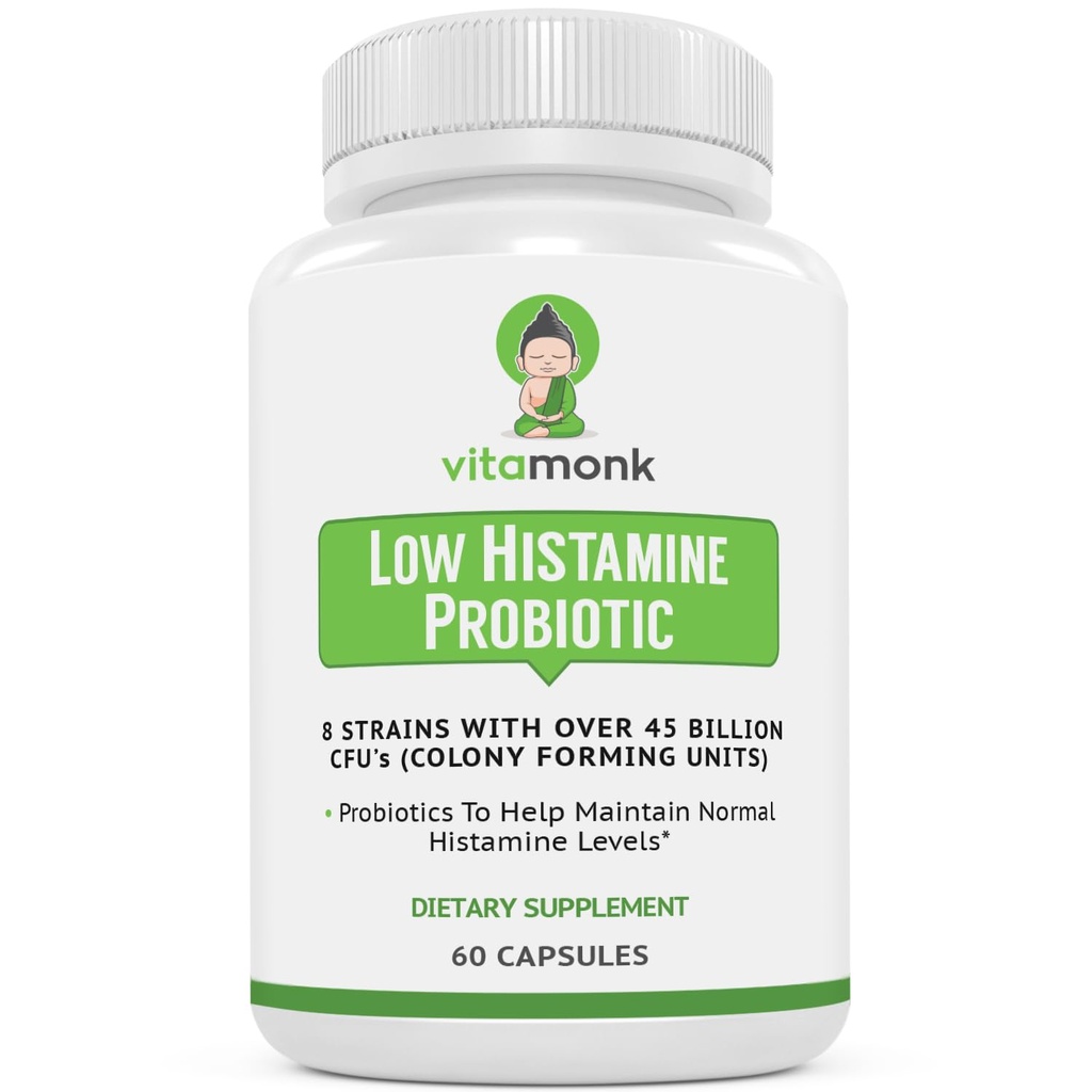 VitaMonk Low Histamine Probiotics Kampf Histamin Intoleranz und Unterstützung Balanced Gut Health - Histamin Free Probiotic für diejenigen, die Gesundheitsverbesserungen mit Histamin Control suchen -60 Kapseln