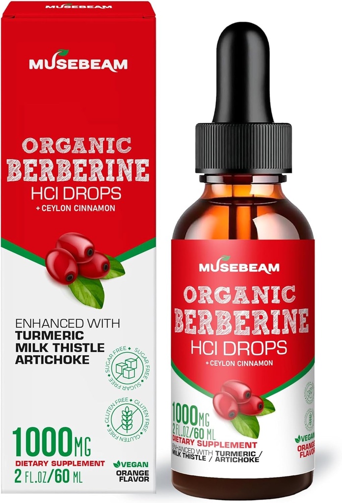 Bio Berberine HCI 1000mg Flüssigkeitstropfen - mit Ceylon Cinnamon Turmeric Milk Thistle Artichoke - High Bioverfügbarkeitsergänzung für Herren Frauen - Vegan Sugar Free Gluten Free 2fl. oz (60ml)