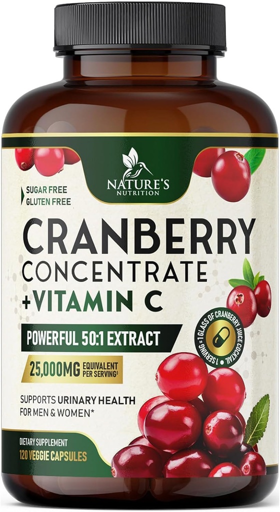 Cranberry Supplement Pills 25,000mg - High Potency Vitamin C Cranberry for Women & Men, Urinary Tract Health Support, Sugar Free, Gluten Free, Non-GMO, Cranberry Concentrate Extract - 120 Capsules