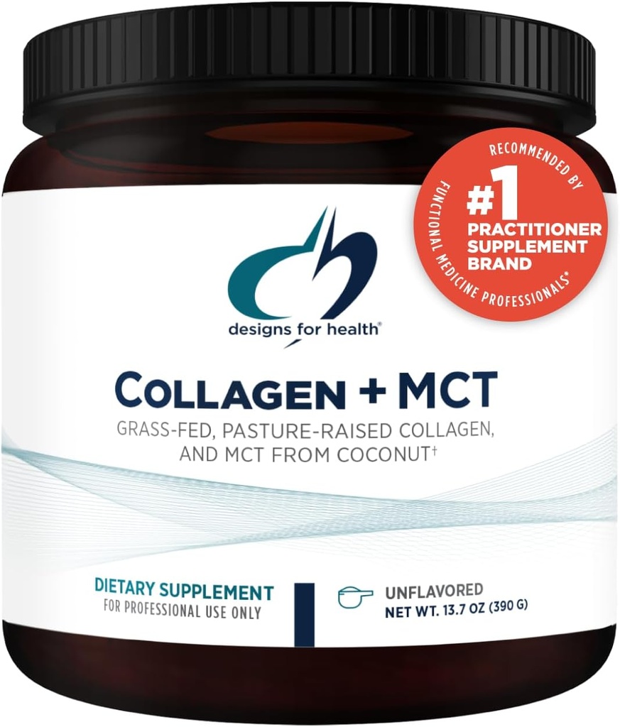 Designs for Health Collagen + MCT, Unflavored - Hydrolysed Grass-Fed Collagen Peptides mit MCT-Öl-Pulver zur Förderung von Mental Focus, Sustained Energy, Skin & Gut Health (30 Portionen)
