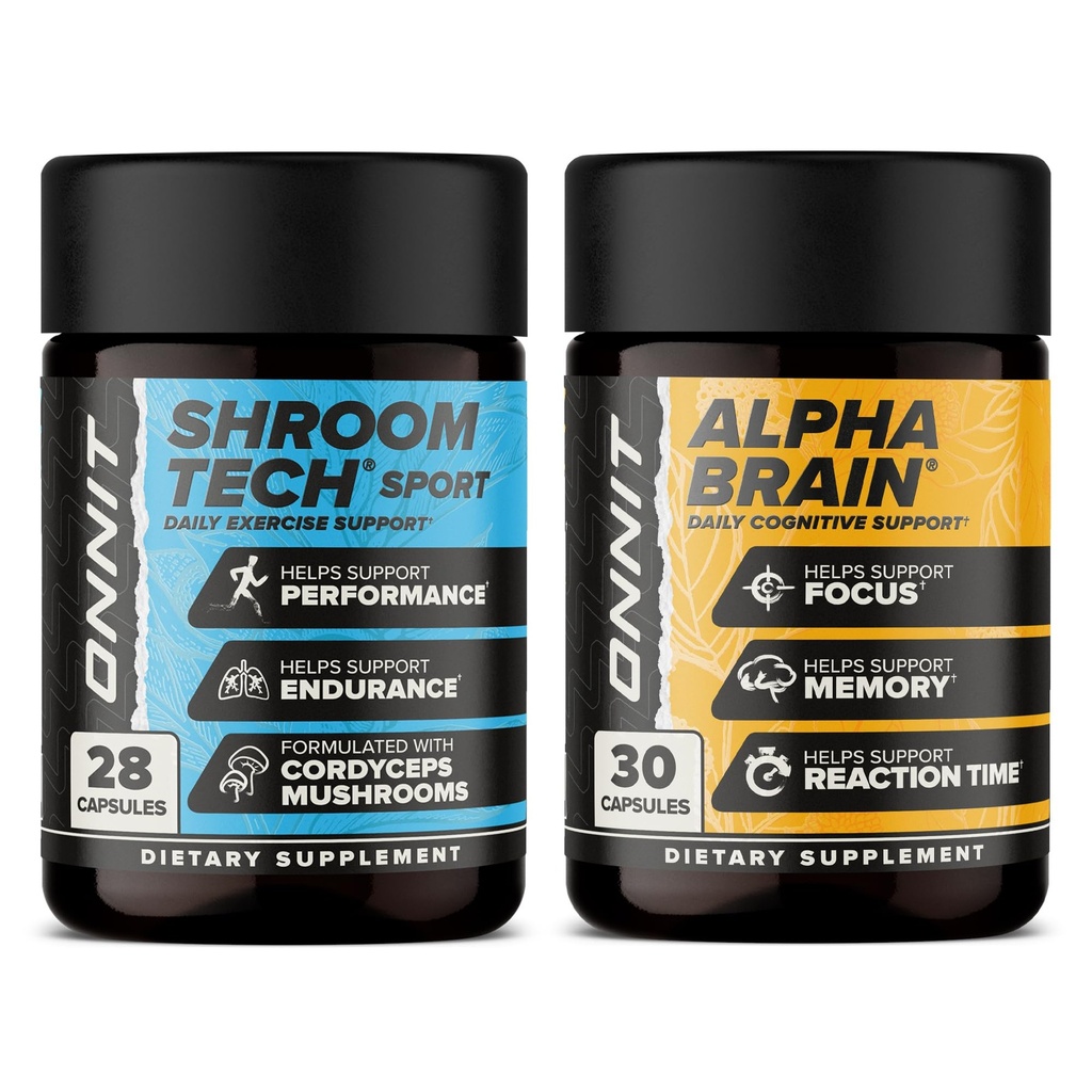 ONNIT Premium Alpha Brain Bundle - Nootropic Brain Supplement (30 Zähler) für Fokus, Konzentration & Speicher + Shroom Tech Sport für Übung, Energie & Herz-Kreislauf-Leistung (28 Zähler)