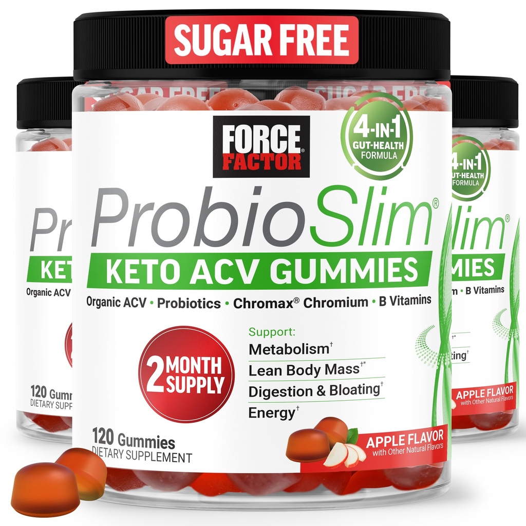 Kraftfaktor ProbioSlim Keto ACV Gummie, Bio Apfel Apfel Apfel Apfelegar Gummie mit LactoSpore Probiotics & Prebiotics zu unterstützen Verdauung, Stoffwechsel, & Immune Gesundheit, 1 Net Carb, Apple Flavor, 360ct