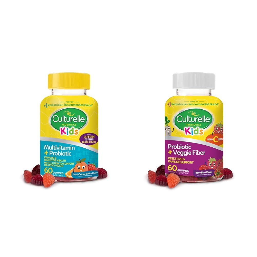 Culturelle Kids Probiotic Gummies für Alter 2+ - Peach-Orange & Mixed Berry Flavors & Daily Probiotic für Kinder + Veggie Fiber Gummies (Ages 3+) - 60 Count - Digestive