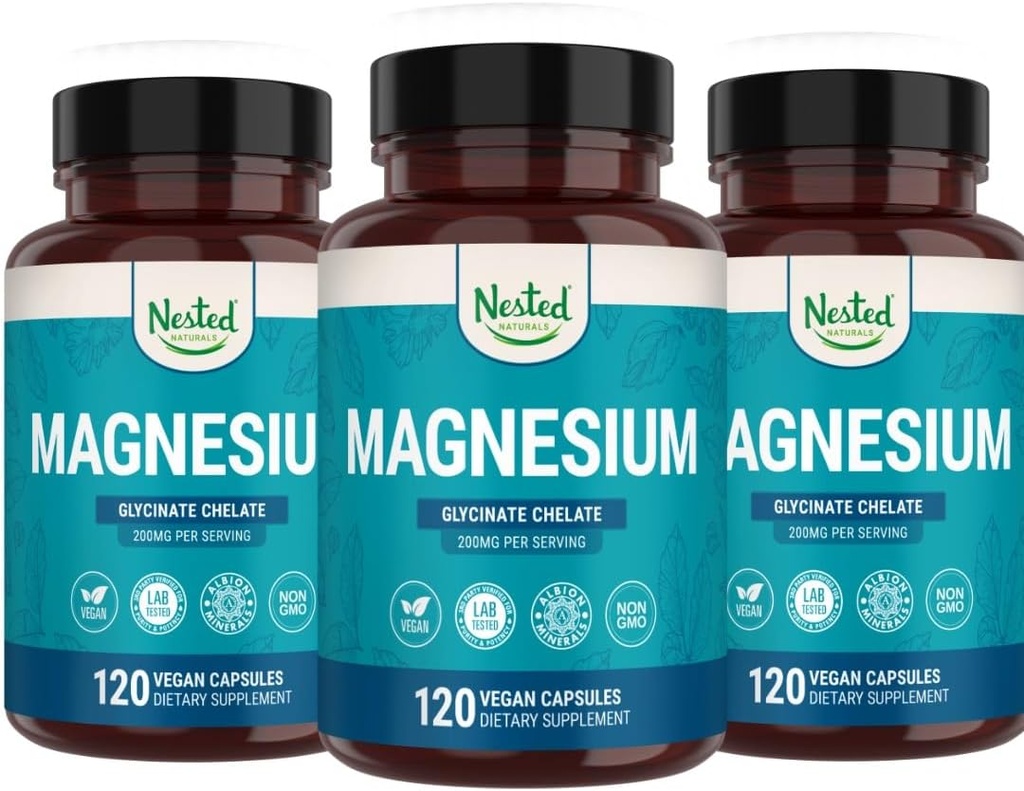 Nested Naturals Magnesium Glycinate Chelate | Magnesium Supplement für Muskelkrämpfe, Entspannung, & Schlaf-Unterstützung | 100% Chelat Albion TRACCS Gepuffertes Magnesium Glycinat 200mg | (3-Pack)