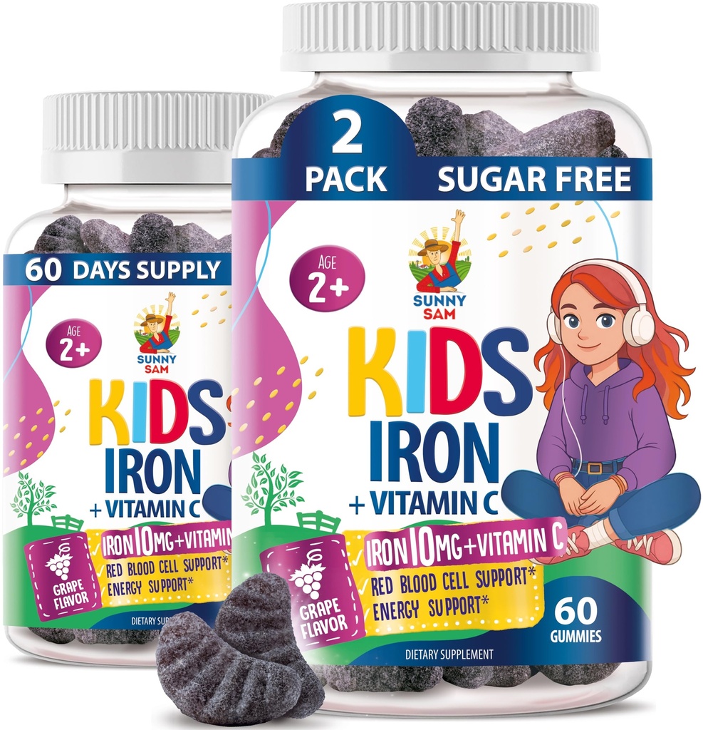SUNNY SAM Eisengummis für Kinder & Jugendliche - 10mg Vitamine mit Vitamin C - Low-Sugar Chewable Iron Gummy Supplement für Immununterstützung, unterstützt Red Blood Cell Production für Kinder & Jugendliche Mädchen