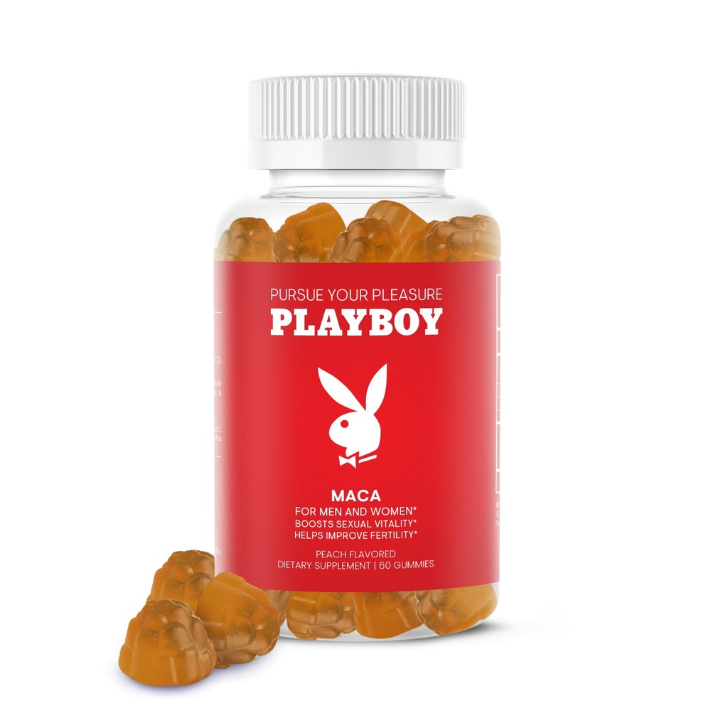 Playboy - Maca Root Gummies für Damen und Herren (60 Count - Peach Flavored) - Boost Sexual Vitality, Libido, Fertility - Maca Gummies Supplement - 100% natürlich, Vegan Non GMO - 4:1 Extrakt Maca Peruana