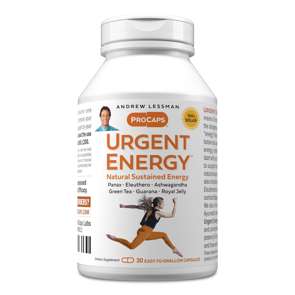 ANDREW LESSMAN Urgent Energy 30 Capsules - Bietet ein sicheres, gesundes Mittel zur Steigerung von Energieniveaus und Gefühle von Wohlbefinden, Grüner Tee, Guarana, Ginseng, Royal Jelly, Ashwagandha, B-Komplex