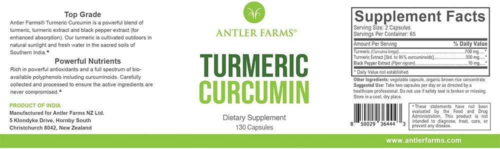 Geweih Farmen – 100% reine Kurkuma Curcumin, 130 Kapseln, 95% Curcuminoide & Schwarz Pfeffer Extrakt, verbesserte Absorption – Vegan, Non GMO, keine Gluten, Soja oder Dairy