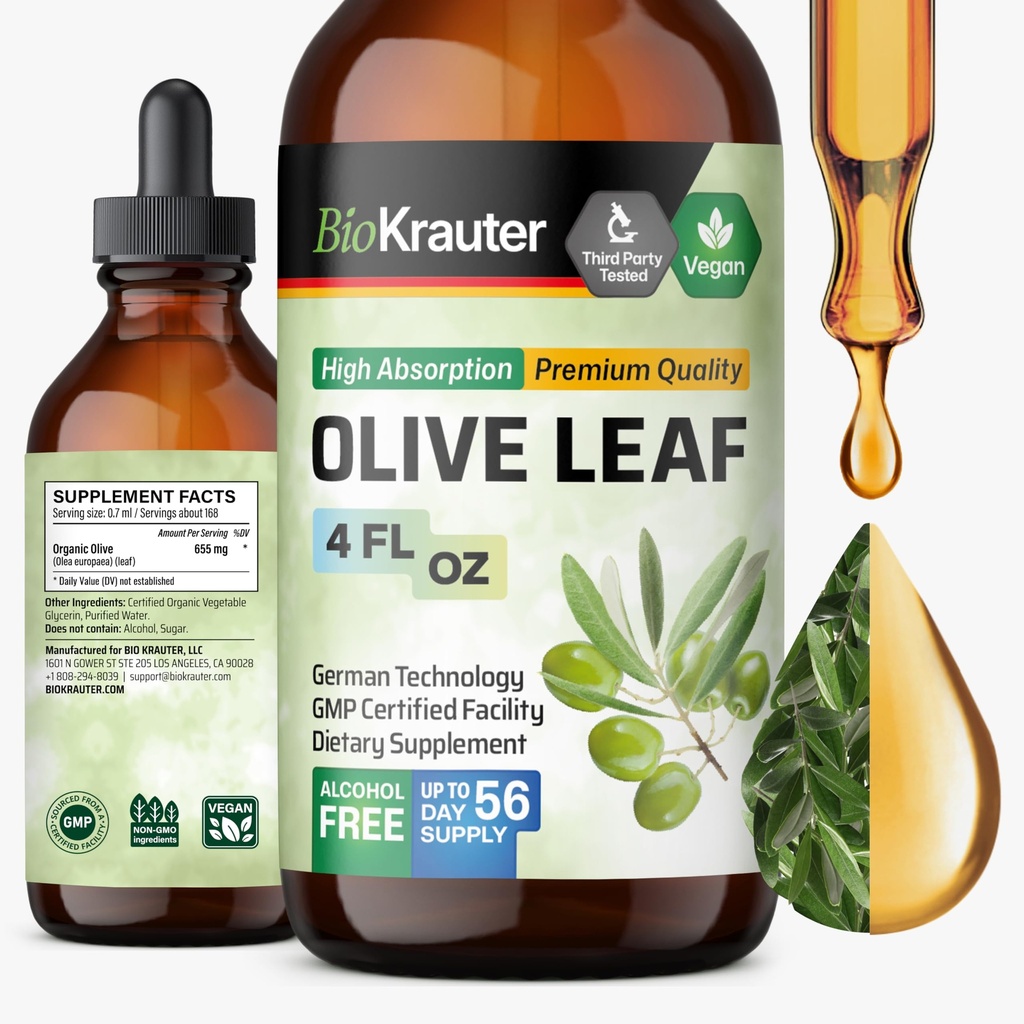 BIO KRAUTER Olivenblatt Extrakt Flüssigkeit - Olivenblatt Tinktur für Immununterstützung - Alkohol und Zuckerfrei - Vegan Tropfen 4 Fl.Oz.