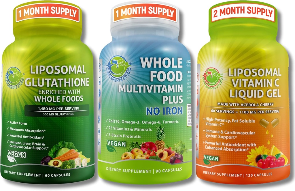Tägliche Immun-, Antioxidantien- und Energieunterstützung Bundle – Liposomale Glutathione 500mg mit ganzer Nahrung + Liposomale Vitamin C 1100mg Flüssiggel + Vegan Ganzes Lebensmittel Multivitamin ohne Eisen