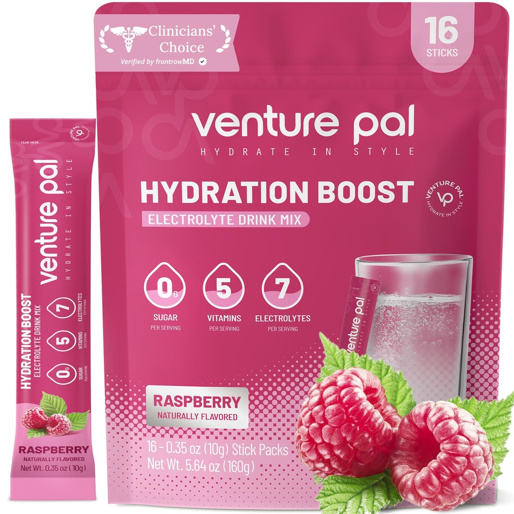 Venture Pal Sugar Free Electrolyte Powder Packets - Liquid Daily IV Drink Mix for Rapid Hydration & Party Recovery | 5 Vitamine & 7 Elektrolyte| Keto Friendly | Non-GMO | Certified Vegan | 16 Sticks