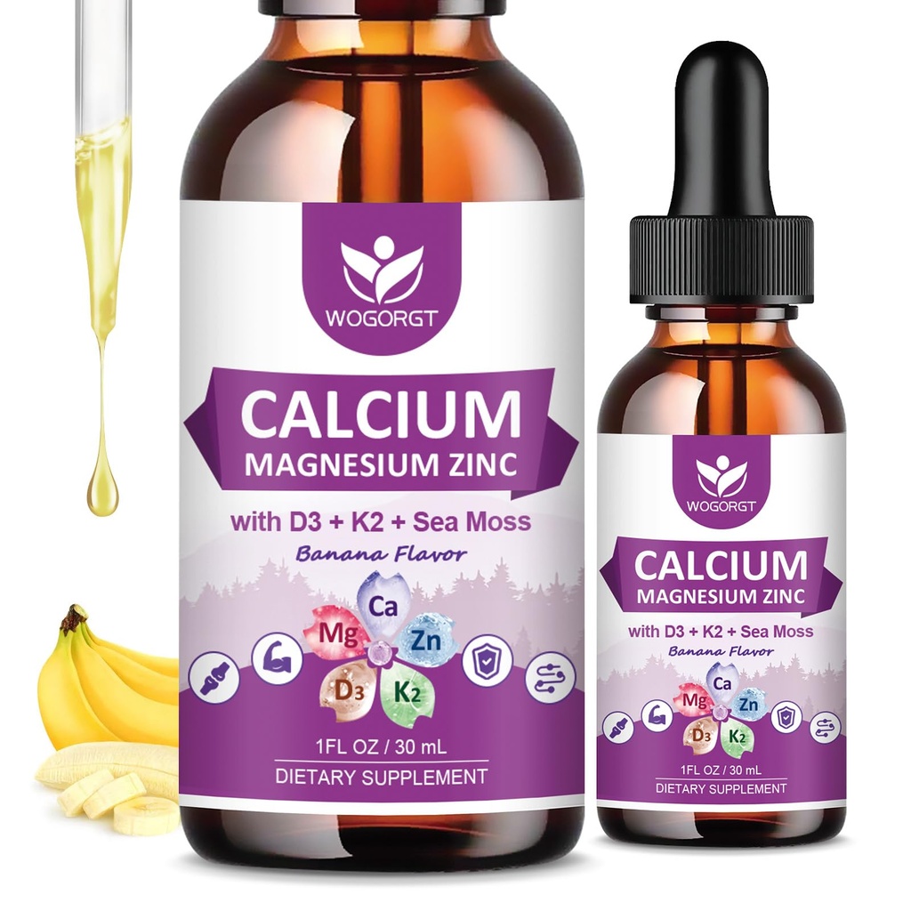 Calcium Citrate 1000mg mit Vitamin D3 für Damen und Herren - Flüssiges Calcium Magnesium Zink D3 K2 Beilage für Knochen, Zähne Unterstützung, Sugar Free, Vegan, Banana Flavor - 1 Fl Oz (2 Packung)