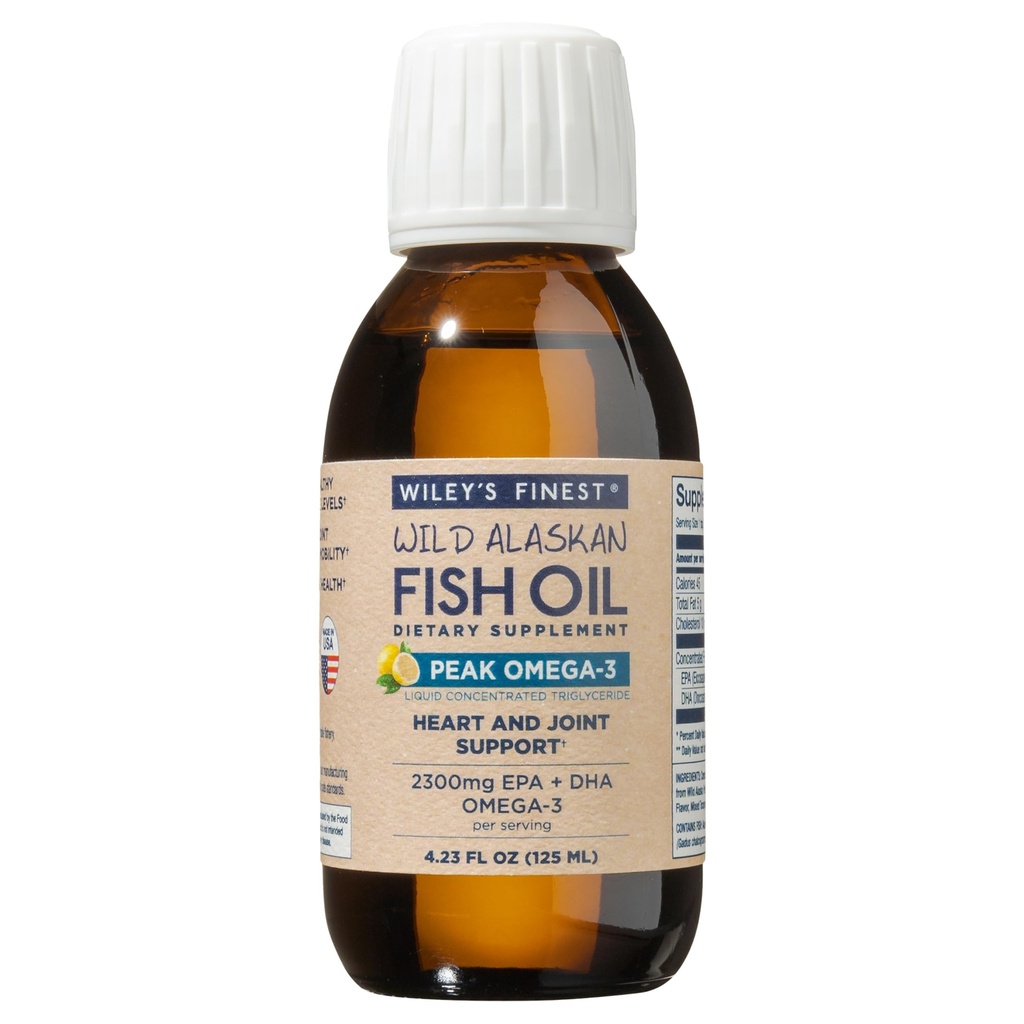 Wiley's Finest Wild Alaskan Fish Oil Peak Omega-3 Liquid Supplement - 2300mg EPA and DHA Omega-3s - Lemon Flavor - 4.23 Oz (25 Servings)