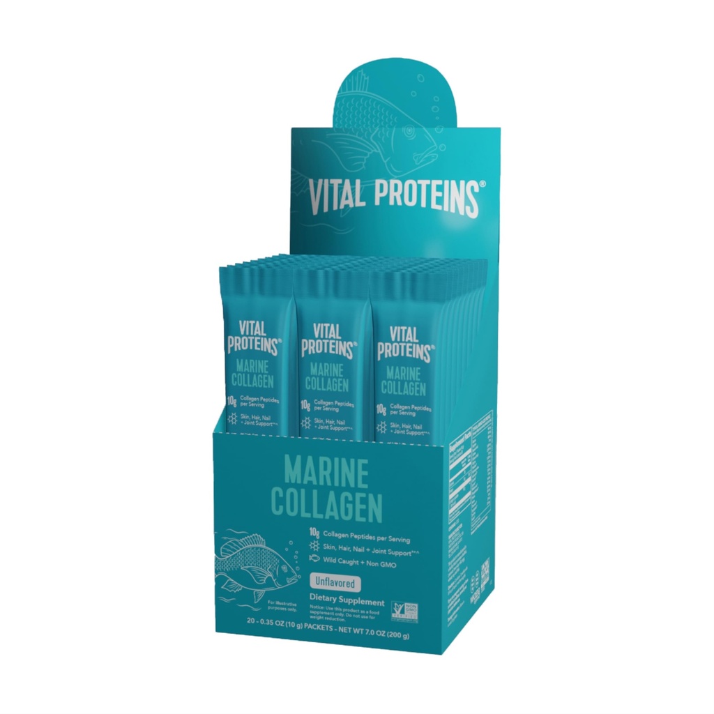 Vitalproteine Marine Collagen, Wild-Caught, Non-GMO Project Verified, Unflavored Stick Packs (10g) (Box of 20)