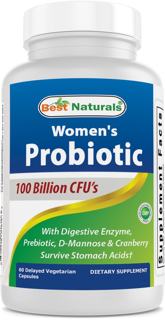 Best Naturals Probiotics for Women 100 Billion CFU - 10 Strains + Prebiotics Fiber + Digestive Enzym Blend + Women's Health Herbal Blend - Immune, Digestive & Gut Health - 60 Deleyaed Capsules