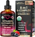 USDA Bio Vitamin B-Komplex B5 Pantothensäure | B12 Methylcobalamin | B1 Thiamin | B6 Pyridoxin | B7 Biotin | B9 Folic | B3 Niacinamid - B Complex Liquid Drops, Made in USA Supplement, 4fl oz